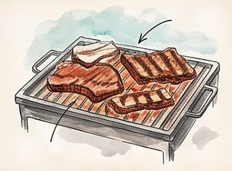 Acuarela de cortes de asado sobre una parrilla