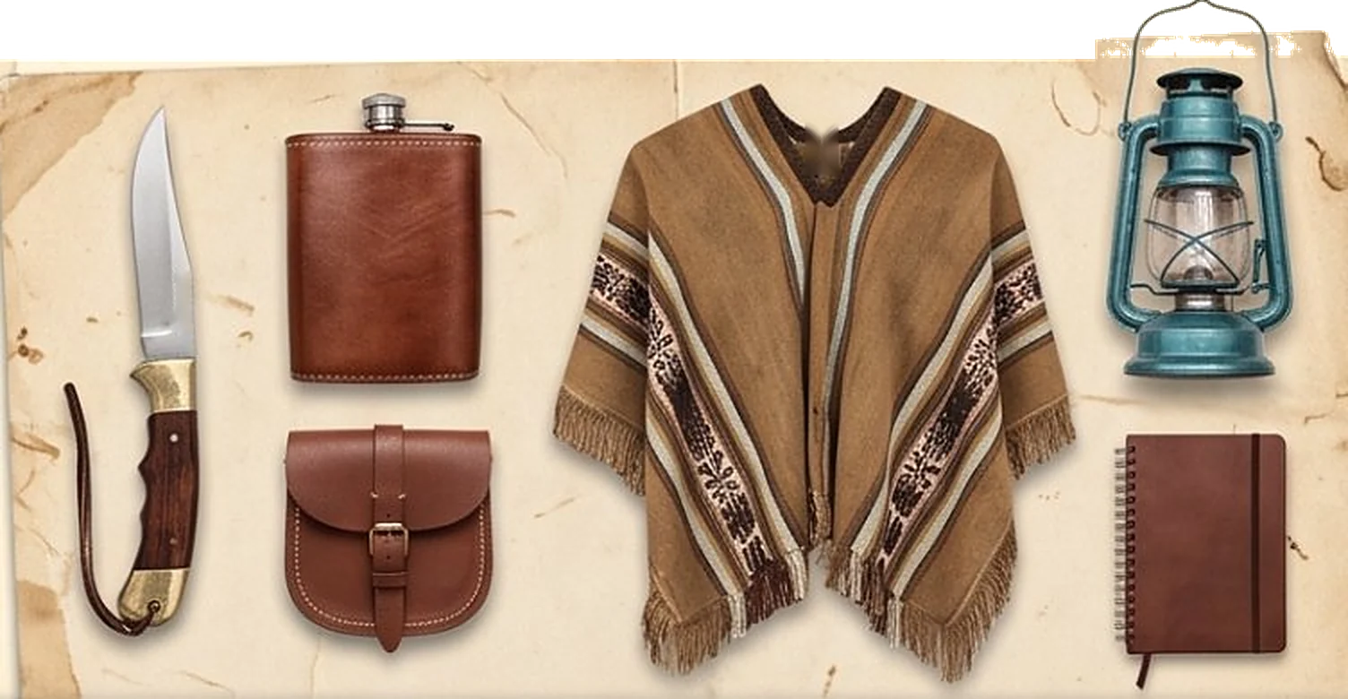 Cuchillo criollo, petaca y morral de cuero, poncho, farol y cuaderno sobre papel envejecido