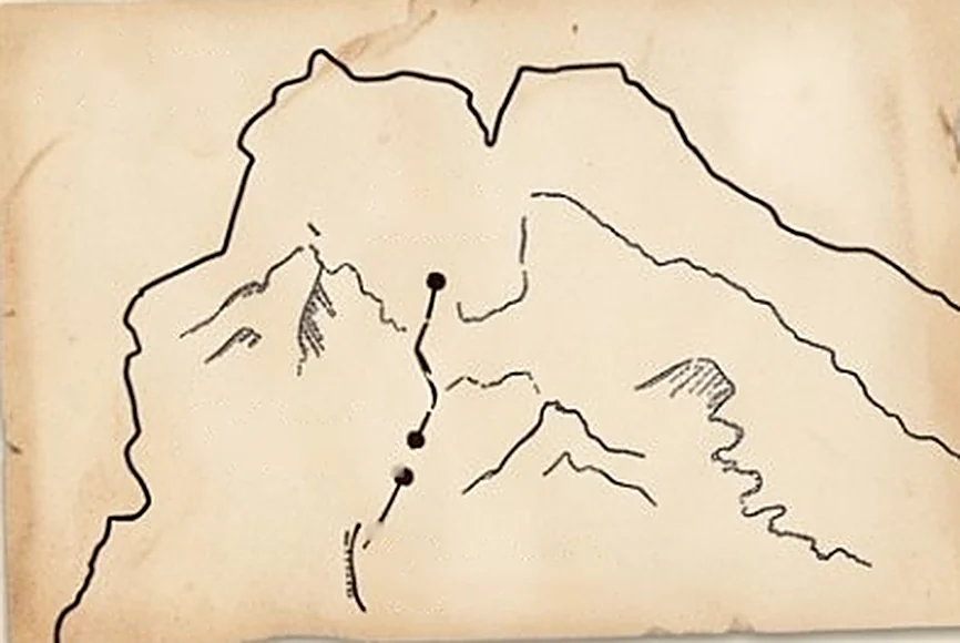 Mapa dibujado a mano del noroeste argentino con la ruta de Salta a Cafayate